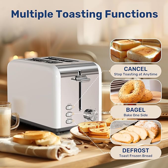 YSSOA 2-Slice Toaster with 6 Browning Setting and 3 Function Extra Wide Slot &amp Removable Crumb Tray Retro Stainless-Steel Style for Bread &amp Waffle White