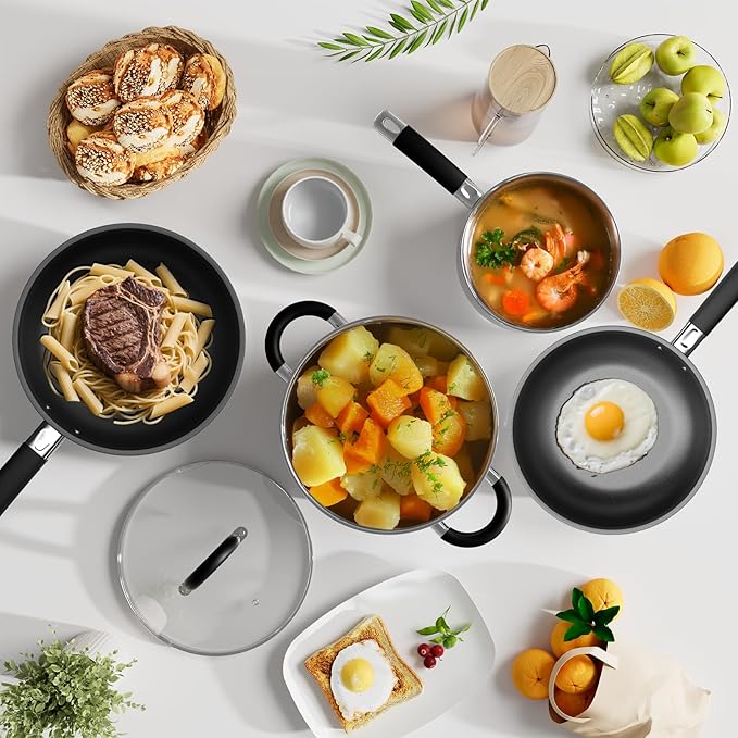 Pots and Pans Set Non Stick Stainless Steel Cookware Set of 6 Frying Pans 5 Ply Base Dishwasher Safe