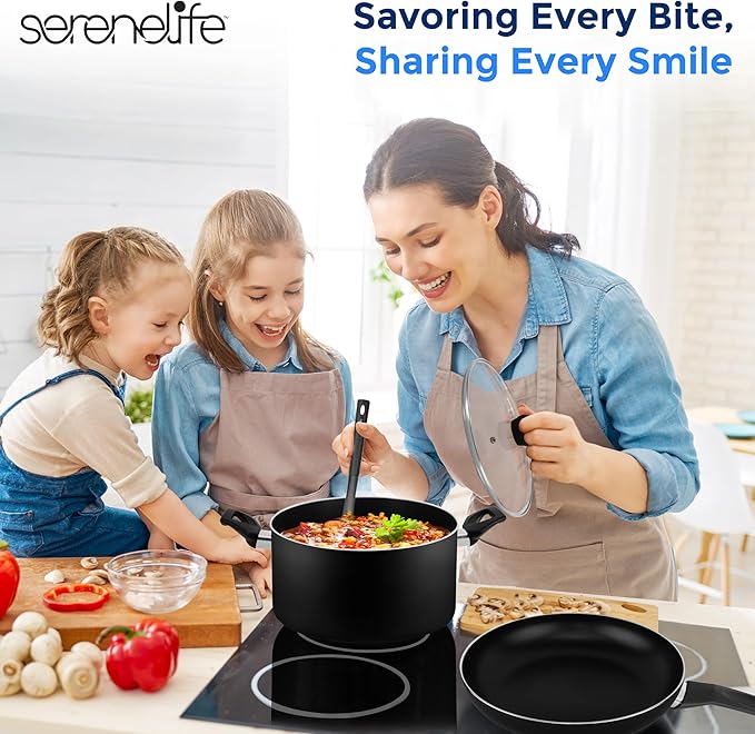 SereneLife Kitchenware Pots &amp Pans Basic Kitchen Cookware Black Non-Stick Coating Inside Heat Resistant Lacquer (15-Piece Set) One Size