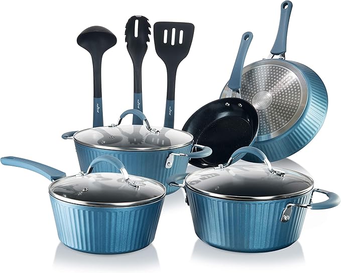 NutriChef NCCW11BL Nonstick Cookware Excilon |Home Kitchen Ware Pots &amp Pan Set with Saucepan Frying Pans Cooking Pots Lids Utensil PTFE/PFOA/PFOS free 11 Pcs Blue
