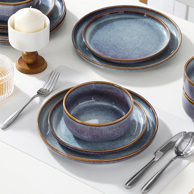 vancasso PLAYA Plates and Bowls Sets 18 Pieces Grey-Blue Dinnerware Sets for Kitchen Reactive Glaze Dishes Set for 6 Dishwasher and Microwave Safe