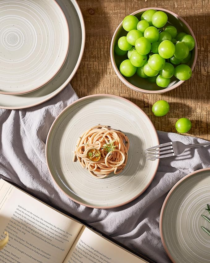 Famiware Meteor Plates and Bowls Sets 24-Piece Stoneware Dinnerware Sets Dishes Set for 8 Microwave and Dishwasher Safe Tableware Matcha Green