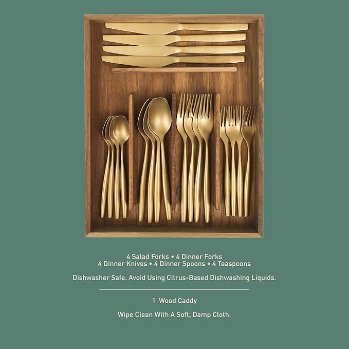 Bloomhouse - Two Time Oprah's Favorite Things Winner - 20 Piece Stone Washed Gold Flatware 18/10 Stainless Steel Silverware Cutlery Utensil Set With Acacia Wood Caddy - Service for 4