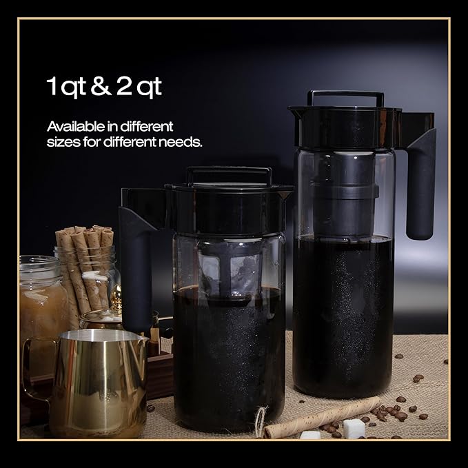 Takeya Glass Cold Brew Coffee Maker for Iced Coffee Airtight Pitcher Premium Quality 2 Quart Black Lid and Handle