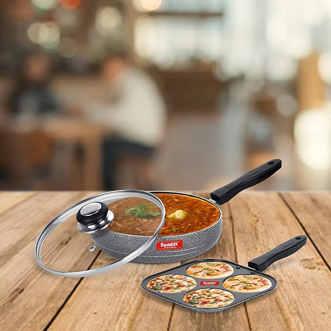 Sumeet NonStick Silfur Cookware Set (Frypan with Glass Lid - 1.5Ltr - 22Cm Dia + Mini Multi Snack Maker - 4 Cavity -19.5cm)