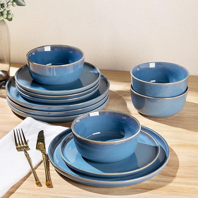 GBHOME Ceramic Dinnerware Sets for 4 12 Pieces Stoneware Plates and Bowls Sets Reactive Glaze Dishes -Scratch Resistant Dishwasher&ampMicrowave Safe-Alaskan Blue