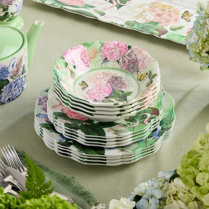 Garden Path Melamine 12-Piece Dinnerware Set - Hydrangea Design Service for 4 with Dinner Plates Salad Plates and Bowls - Durable Lightweight and Dishwasher-Safe