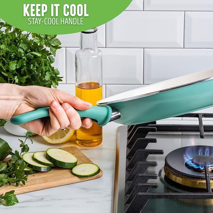GreenLife Soft Grip Healthy Ceramic Nonstick Cookware Set 7 10 and 12 Frying Pan Skillets 1QT and 2QT Saucepans with Lids PFAS &amp PFOA-Free Dishwasher Safe Turquoise