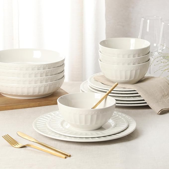 Gibson Home Melbourne White Plates and Bowls Set 16 Piece Embossed Ceramic Dinnerware Set - Service for 4 Dishes - With Pasta Bowl
