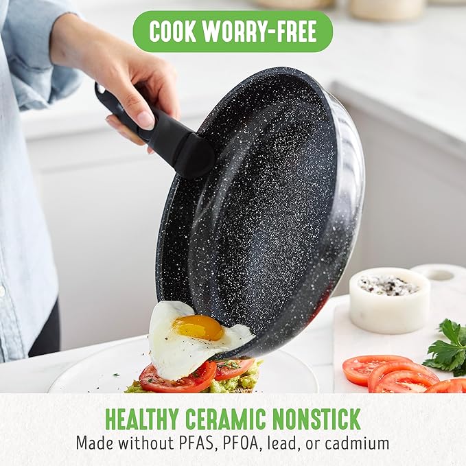 GreenLife 10 Piece Nonstick Pots &amp Pans Set Detachable Handle &amp Stackable Cookware Set Non Toxic PFAS-Free Skillets Induction Kitchen Pans Space Saving Serving Bowls Oven Safe Granite B