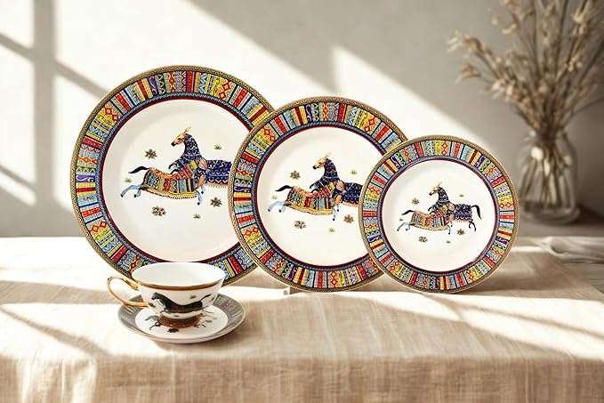 Porcelain Dinnerware Set for 4-20 Piece Luxury Greek Horse Cheval Banquet Dinner Set - Elegant Design - Plates and Cups with Saucers - Dining Set for Everyday Use or Formal Occasions