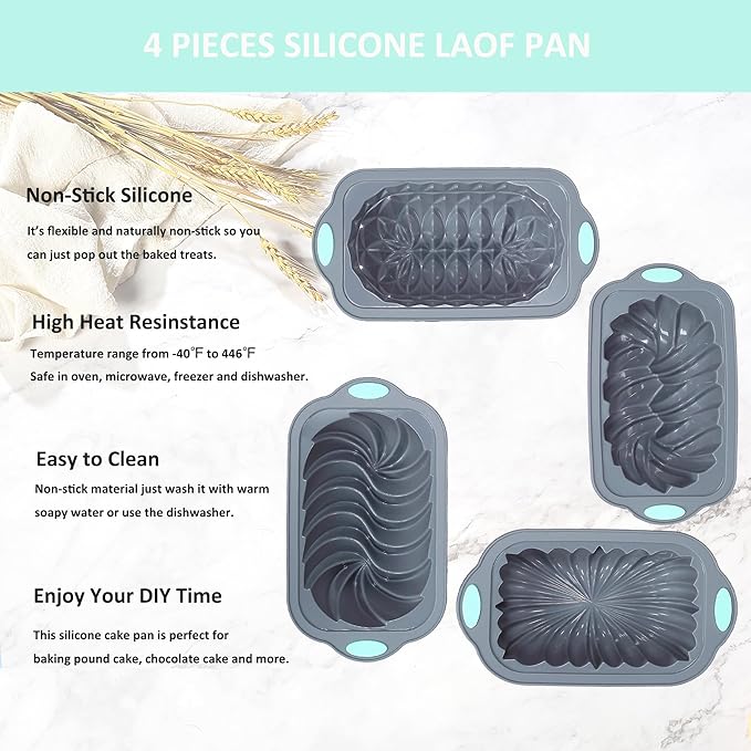 4 Piece Silicone Loaf Pan for Baking Bread Non-Stick Kitchen Oven Bread Pan Perfect for Banana Bread Sandwich Bread Pound Cake and Meatloaf 4 Cups Grey