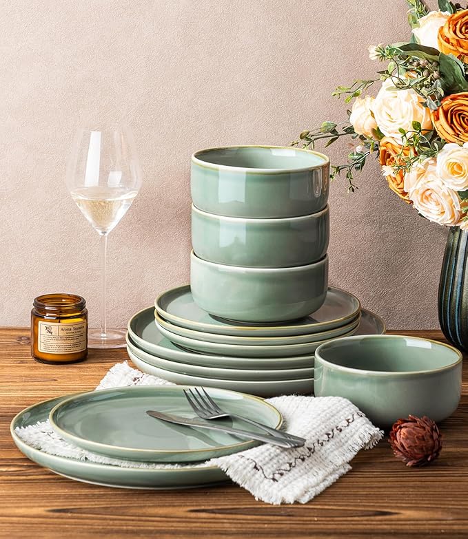 TheTerra Ceramic Dinnerware Sets for 4 12 Pieces Handmade Reactive Glaze Plates and Bowls Set Scratch Resistant Dish Set Oven &amp Microwave &amp Dishwasher Safe Eucalyptus