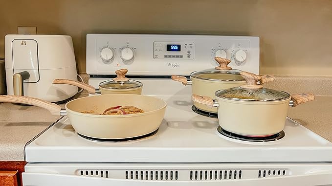 MAISON ARTS Pots and Pans Set Non Stick Kitchen Cookware Sets Nonstick 12 Piece Granite Cooking Pot and Pan for Induction Stovetop Beige