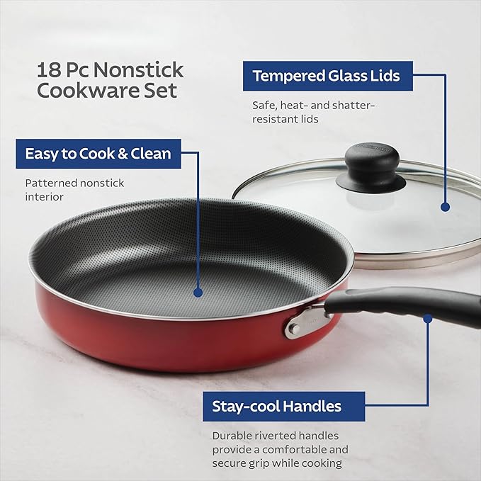 18-Piece Red Non-Stick Cookware Set Includes Multiple Pots Pans &amp Steamer Universal Stovetop Dishwasher Safe Lightweight Aluminum Kitchen Cookware