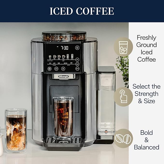 De'Longhi True Brew Drip Coffee Maker Built in Grinder Single Serve 8 oz to 24 oz Hot or Iced Coffee Stainless CAM51025MB
