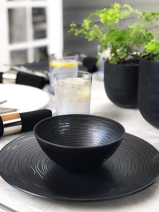 Bzyoo 12 Piece Melamine Dinnerware Set - Durable Dishwasher Safe Organica Black Plates and Bowls Sets Casual Dish Set for Dining Outdoor and Kitchen
