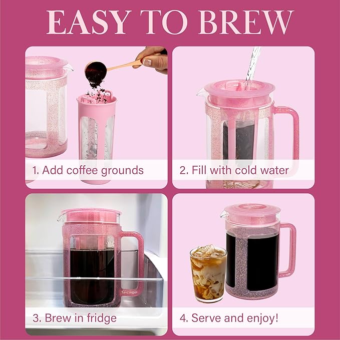 Paris Hilton Cold Brew Coffee Maker Durable 1.6 Quart Borosilicate Glass Carafe with Stainless Steel Filter Glitter Pink 38 oz