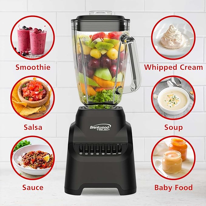 Brentwood Select JB-500BK 10-Speed Countertop Blender with Pulse Button 5.3-Cup Glass Jar Stainless Steel Blades Non-Slip Base Dishwasher-Safe Parts Black