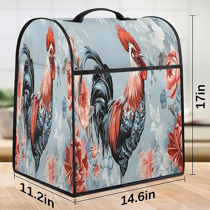 Kitchen Aid Mixer Cover Watercolor Rooster Chicken Floral Stand Mixer Cover Compatible with 6-8 Quarts Stand Mixers Dust Covers with Zipper Pocket Foldable Washable Kitchen Aid Organizer Bag