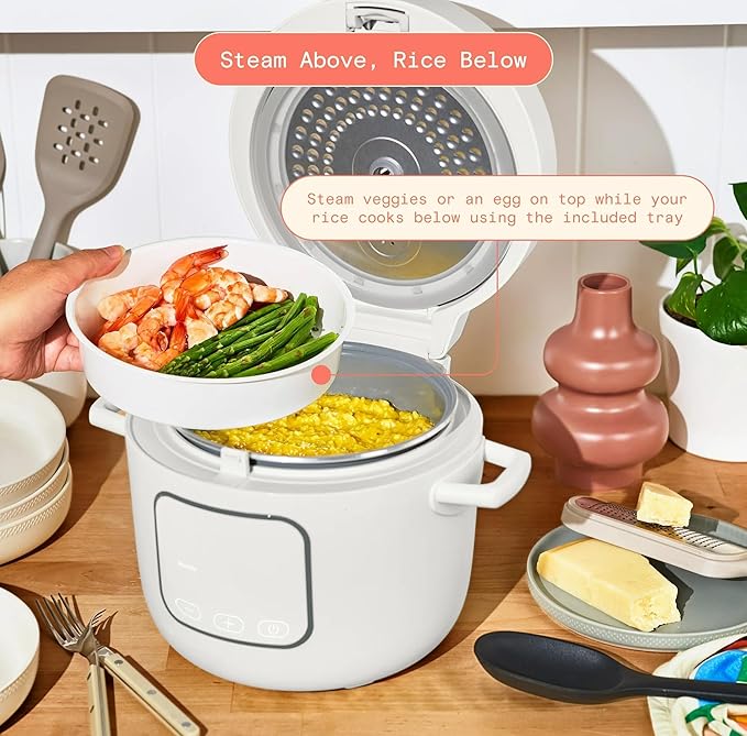 14-Cup Electric Rice and Grain Cooker Ceramic Nonstick Inner Pot 8 Preset Cooking Functions Automatic Keep Warm Programmable Timer Steamer Tray Included White Kitchen Appliance