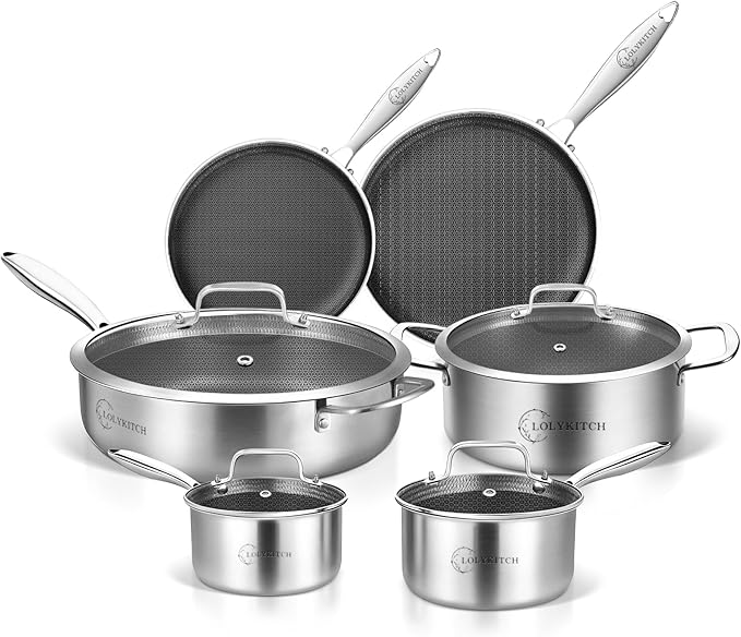LOLYKITCH Frying Pan Set Nonstick 10 Pieces Stainless Steel Cookware Set Skillet with Detachable Handle Induction &amp Oven Safe Professional Non-Toxic PFOA Free Pans for Everyday Cooking