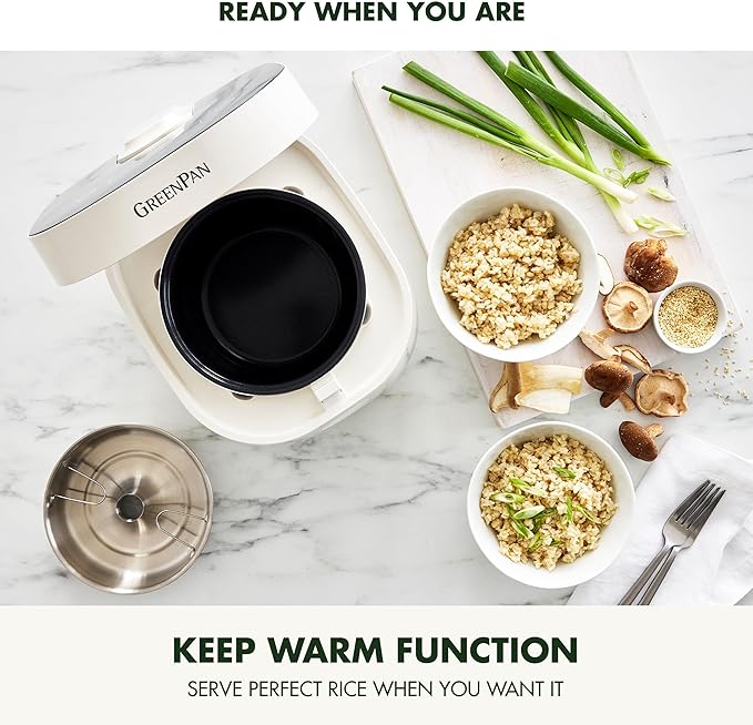 GreenPan Rice Cooker 8 Cups Cooked (4 Uncooked) Low-Carb &amp Soup Mode10 ONE-TOUCH Cooking Presets PFAS-Free Ceramic Steamer Basket Fuzzy Logic Auto Keep Warm Oats 24HR Delay Timer Cream