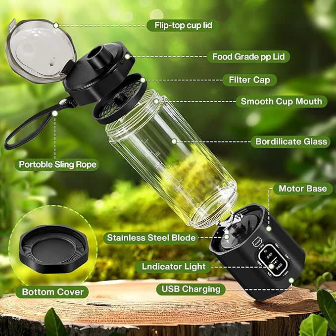 MIAOKE 2026 Upgrade 700 ML Portable Smoothie Blender Rechargeable Personal Blende Contains both Automatic and Pulse Functions with Travel Cup and Lid 6 Sharp Blades Mixer Blender Machine Black