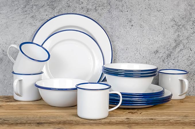 Red Co. 16-Piece Enamelware Metal Dinnerware Set for 4 Solid White/Navy Blue Rim