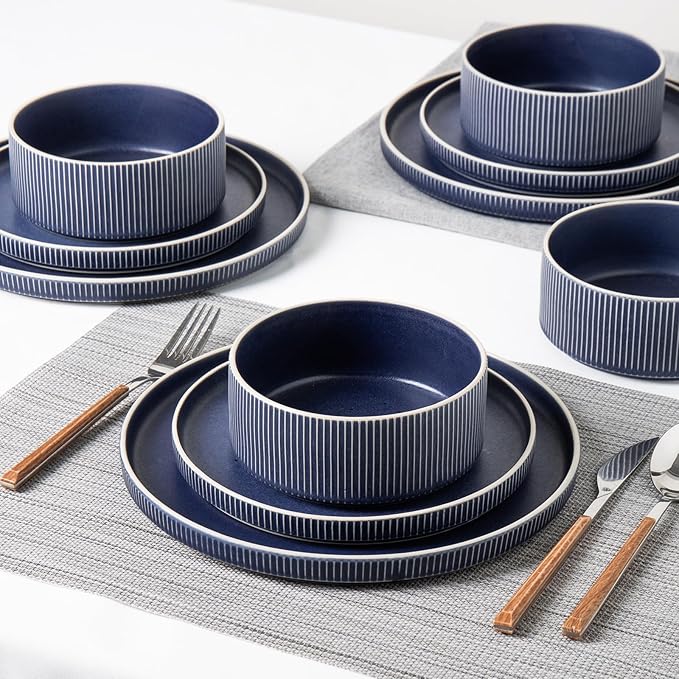 Dinnerware Set Service for 8 24-Piece Ceramic Plates and Bowls Set Chip &amp Scratch Resistant Microwave and Dishwasher Safe Modern Minimalist Tableware for Everyday Use Matte Blue