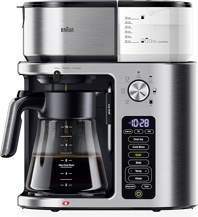 Braun MultiServe Plus 10-Cup Drip Coffee Maker - Hot &amp Cold Multi-Serve Brewer with Timer and Auto Start Hot Water Dispenser Over Ice Function Stainless Steel &amp Pod-Free Design KF9370SI