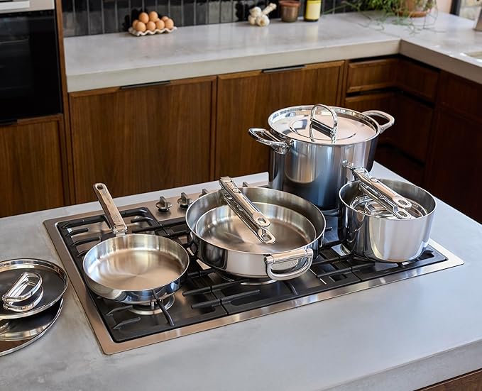Joseph Joseph Space Steel 10-Piece Stainless Steel Sauce Pan Set with Lids Nesting with Folding Handles Induction &amp Oven Safe