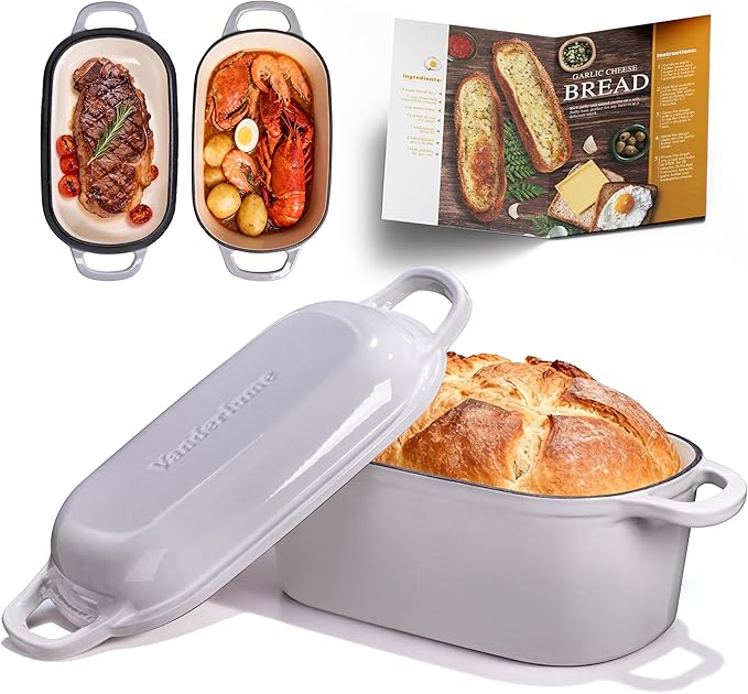 4.6-Quart Oval Dutch Oven 2 in 1 Cast Iron Bread Pan with Lid Sourdough Bread Dutch Oven for a Crispy Crust Oyster Grey