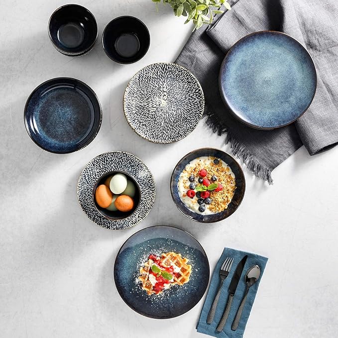 16-Piece Cobalt Blue Stoneware Dinnerware Set – Double Bowl Design with Reactive Glaze Dishwasher &amp Microwave Safe