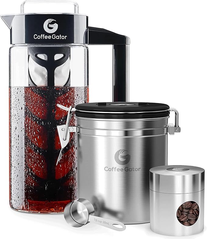 Coffee Gator 47oz Cold Brew Coffee Maker &amp 16oz Stainless Steel Coffee Canister Set - Ideal Coffee Lovers Gifts for Her
