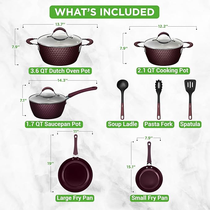 NutriChef Nonstick Cookware Excilon Home Kitchen Ware Pots &amp Pan Set with Saucepan Frying Pans Cooking Pots Lids Utensil PTFE/PFOA/PFOS free 11 Pcs Purple Diamond One size