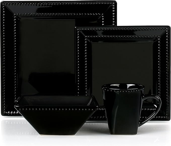 16 Piece Square Beaded Stoneware Dinnerware set by Lorren Home Trends Black