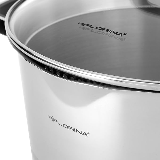 FLORINA Smart Cooking Pot Set 8-Piece Pot Set Made of High-Quality Stainless Steel Cooking Pots with Multifunctional Lid and Measuring Cup Silicone-Covered Handles Ideal for Induction Hobs Gas