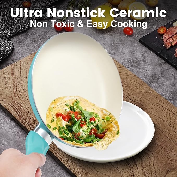 Pots and Pans Set 7 Piece Nonstick Ceramic Cookware Set Kitchen Induction Cookware Sets Pots and Pans Non Stick with Stay Cool Handle 100% PFOA Free Turquoise
