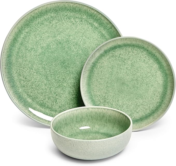 Sango 12-Piece Stoneware Dinnerware Set for 4 Green Ceramic Plates and Bowls Sets Modern Dish Set with Reactive Glaze Durable Kitchen Dishes for Casual Dining Microwave &amp Dishwasher Safe Ashe