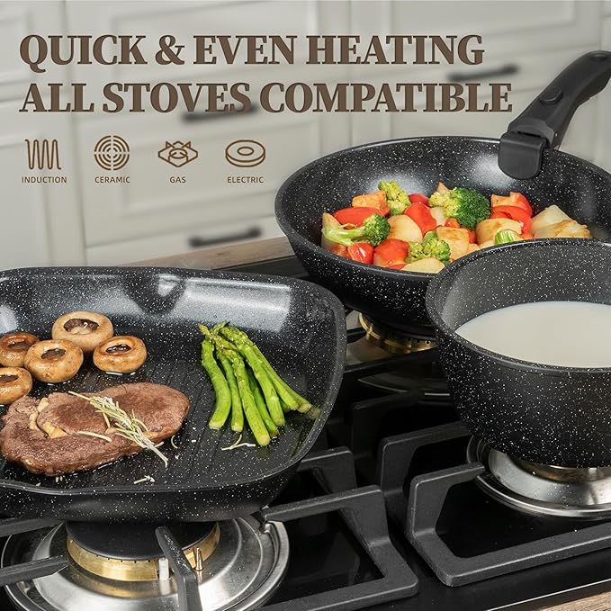 23Pcs Ceramic Cookware Set Non Stick Pots and Pans Set Non Toxic with Detachable Handle Induction Kitchen Cookware Set Space Saving Oven &amp Dishwasher Safe Black