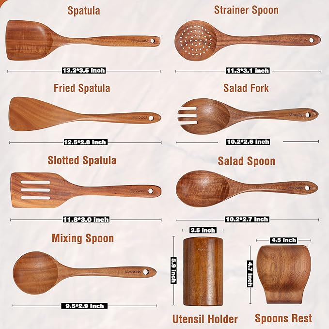 Wooden Spoons for Cooking Wooden Utensils for Cooking Natural Teak Wooden Kitchen Utensils Set Comfort Grip(9 PCS SET GIFT BOX)