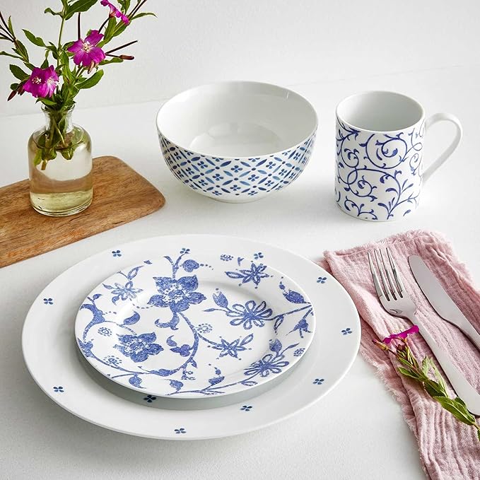 Portmeirion Home Collection 16 Piece Dinnerware Set - Blue Indigo Mix &amp Match Designs Porcelain Dinner Plates Salad Plates Bowls &amp Mugs - Microwave Dishwasher &amp Oven Safe Modern Table