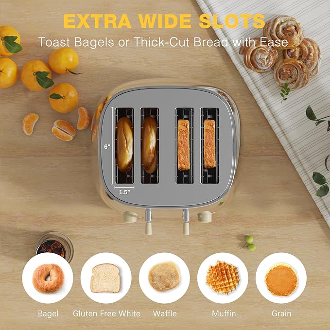 Toaster 4 SliceRetro Stainless Steel Toaster with Extra Wide Slots Dual Independent Control Panel Cancel Bagel Defrost Function Removable Crumb Tray (Silver)