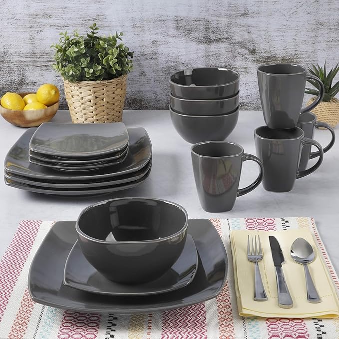 Square Dinnerware Set for 4 – 16-Piece Reactive Glaze Stoneware Dishes in Red Grey &amp White – Modern Microwave &amp Dishwasher Safe Plates Bowls &amp Mugs (Gray)