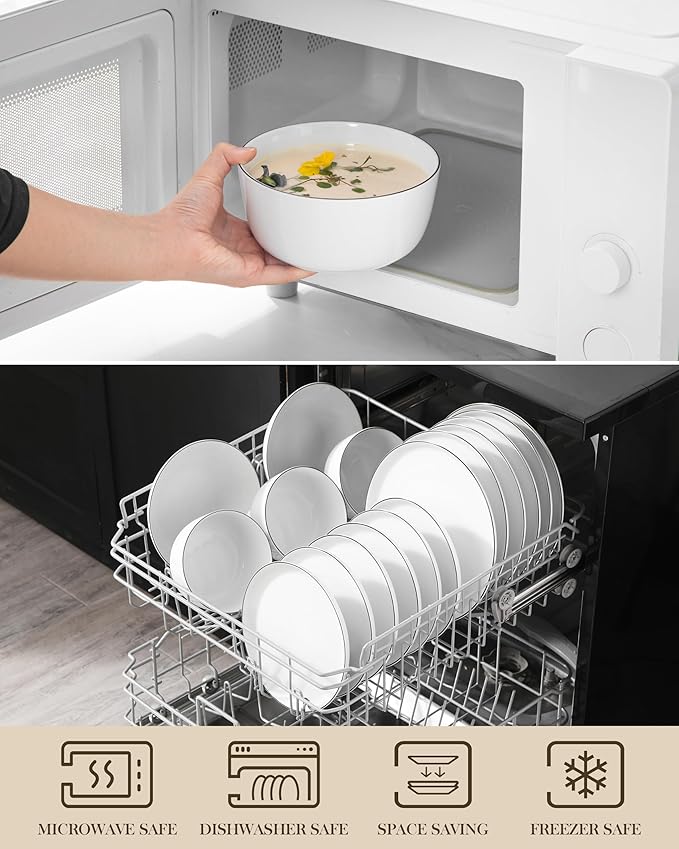 MALACASA 24 Pieces Gourmet Porcelain Dinnerware Sets Premium Plates and Bowls Set High-Fired Dishes Set for 6 Chip &amp Scratch Resistant Microwave Dishwasher Safe White &amp Black Rim Series