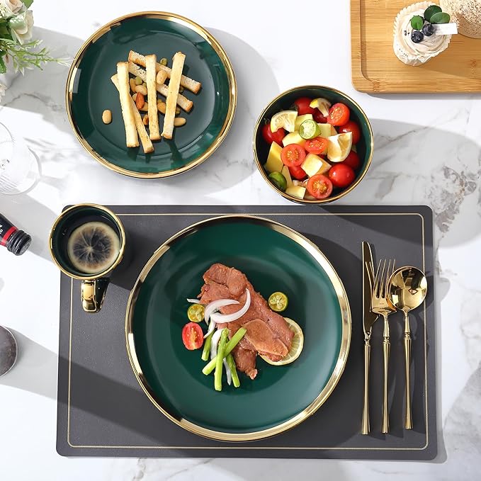 Modern 16 Piece Porcelain Green and Gold Dinnerware Set Stoneware Dinnerware Sets for 4 Plates and Bowls Sets Dish Set with Gold TrimDishes