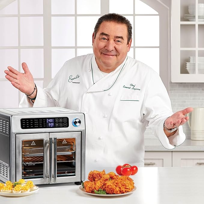 Emeril Lagasse Extra Large French Door Air Fryer Toaster Oven Combo 24 Cooking Functions and Digital Controls 7 Accessories Included Stainless Steel Finish 26QT Capacity