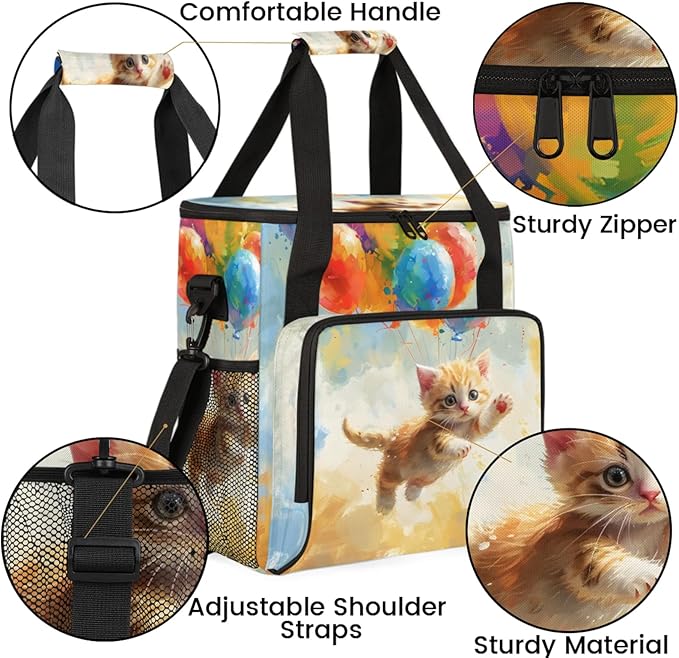 Cute Cat Oil Painting Coffee Maker Travel Bag for Keurig K-Mini/K-Mini Plus Insulated Waterproof Tote with Pockets for K-Cup Portable Single-Serve Brewer Case