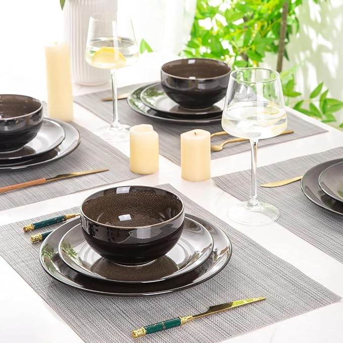LeRatio Ceramic Dinnerware Sets for 6Stoneware Plates and Bowls SetsHandmade Reactive Glaze Dishes SetChip Resistant and Scratch Resistant | Oven&ampDishwasher &amp Microwave Safe-Chestnut(22PCS)